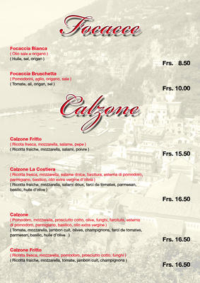 LA COSTIERA MENU PIZZA FOCACE & CALZONE