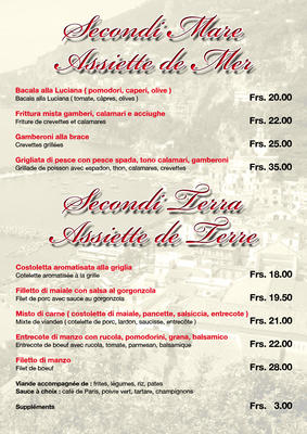 LA COSTIERA MENU SECONDI MARE ASSIETE DE MER ET SECONDI TERRA ASSIETTE DE TERRE